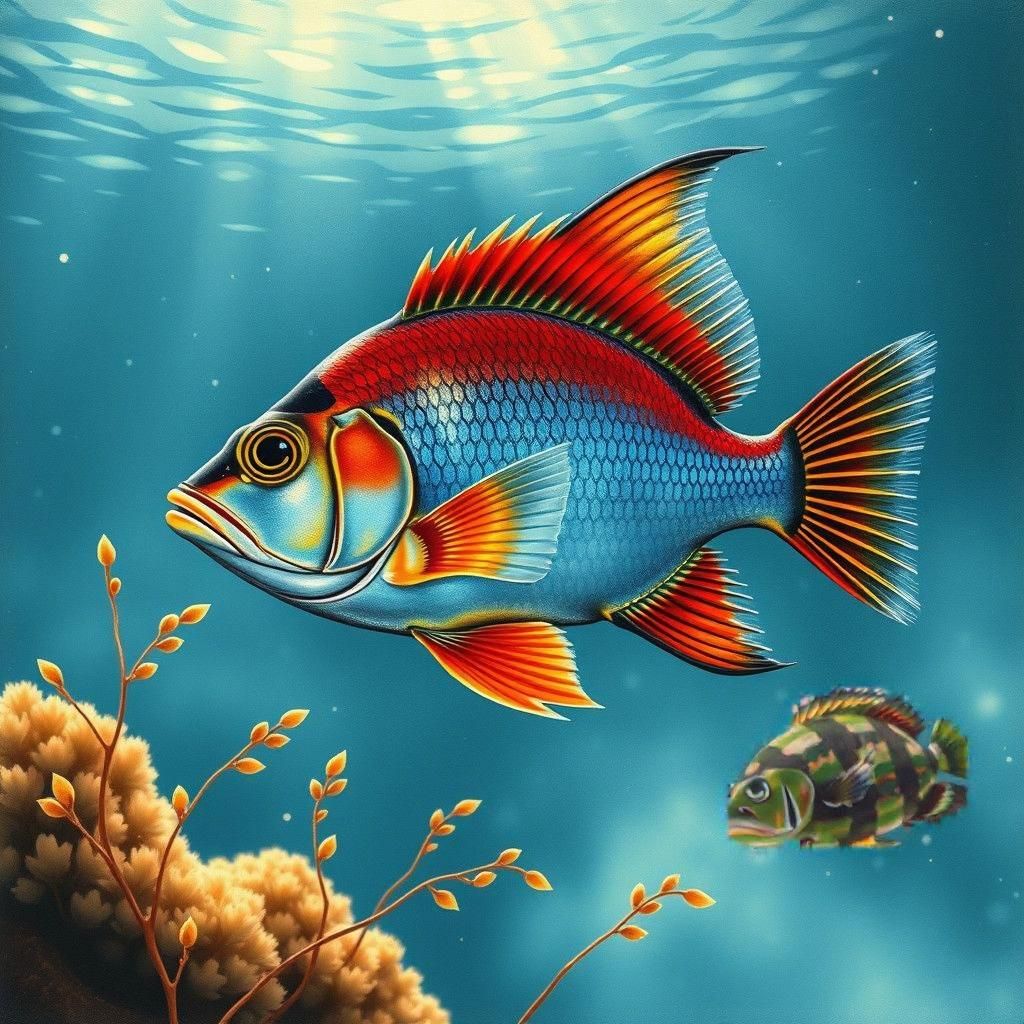 Cardinalfish in Gyotaku Style with Underwater Scene