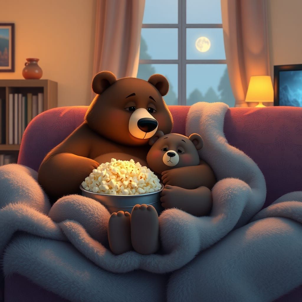 Cozy Bears' Movie Night in Pixar Style