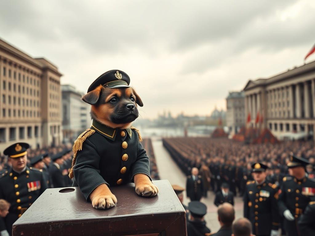 Regal Puppy Dictator Surveying Military Parade in Eastern Eu...