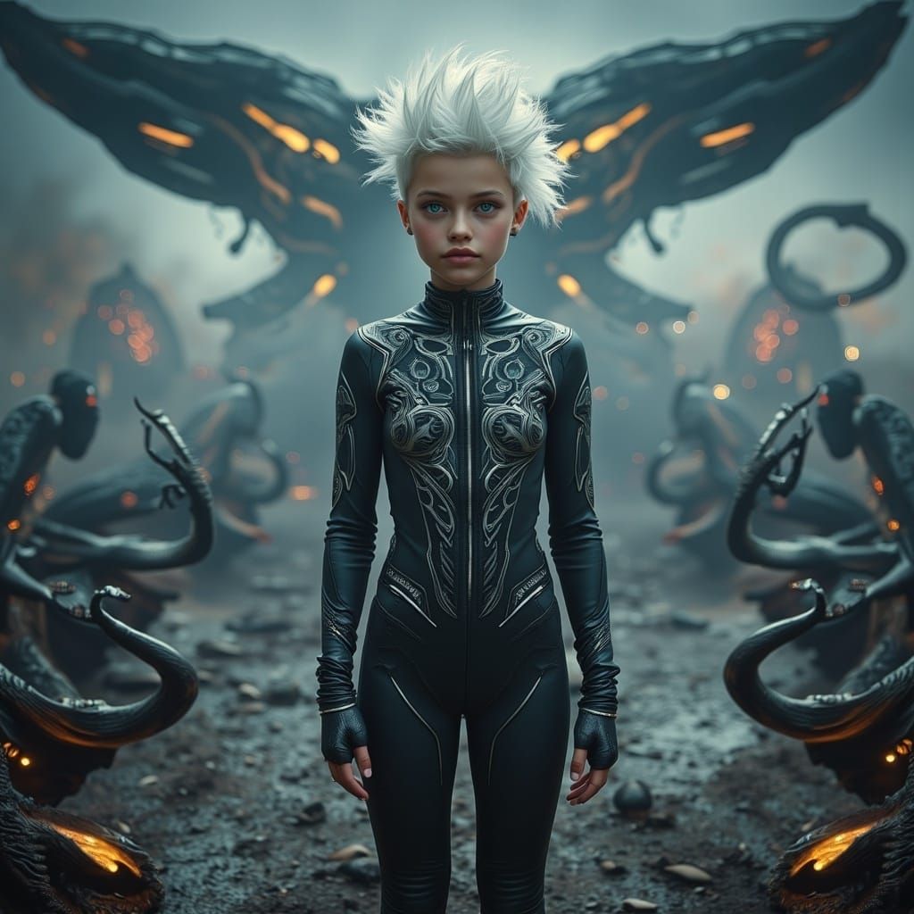 Sleek Hero with Glowing Eyes Stands Against Ancient Arc Ship...