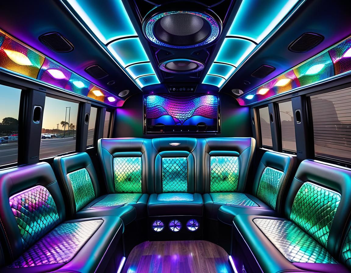 Party Bus Interior with Crocodile and Mermaid Scale Seats