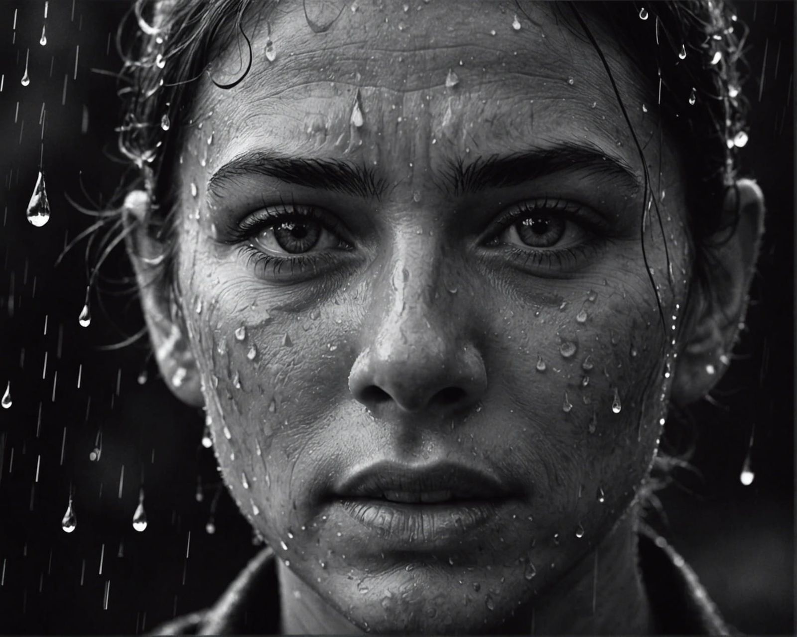 Crying Raindrops: Hyperrealistic Black and White Portrait