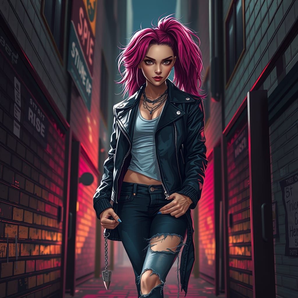 Rebellious Woman with Pink Hair in Cyberpunk Style