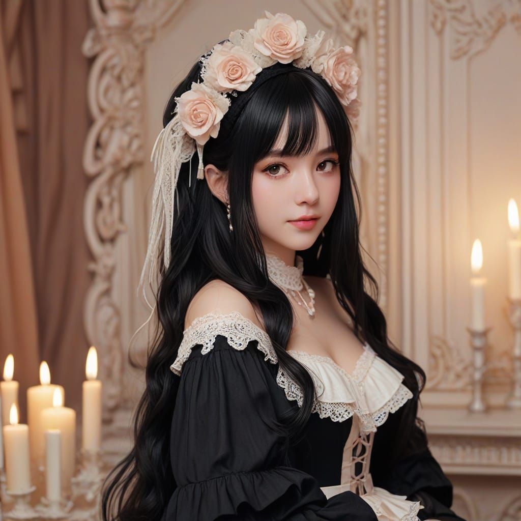 Gothic Lolita Anime Girl in Cozy Candlelit Room