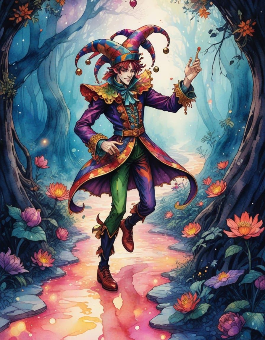 Magical Jester Dances in Psychedelic Forest, Watercolor Ink ...