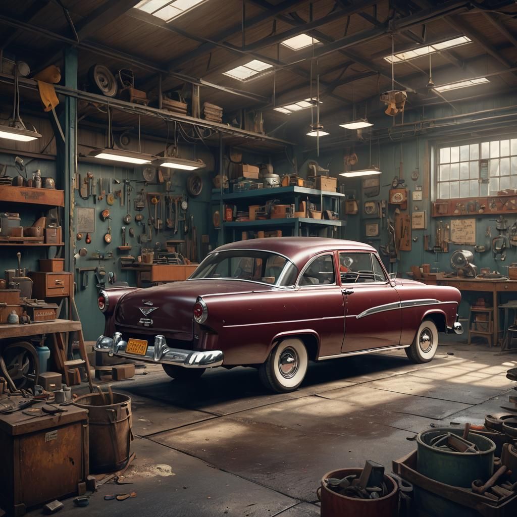 1950s Ford Repair Shop: Detailed Matte Painting