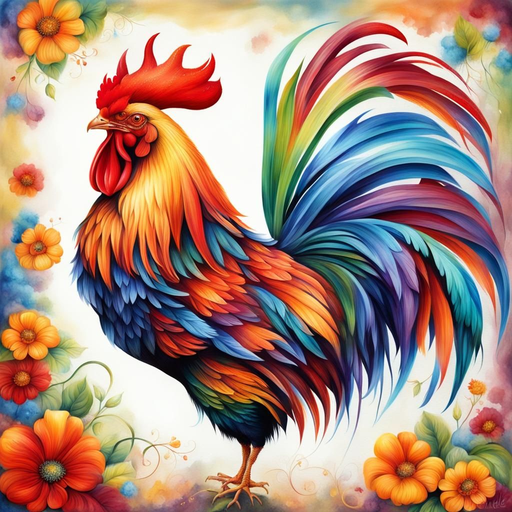 Colorull whimsical Rooster, Vibrant Colors, High Detaild and Glimmering Style, Clean Oil painted Airbrush Illustration,