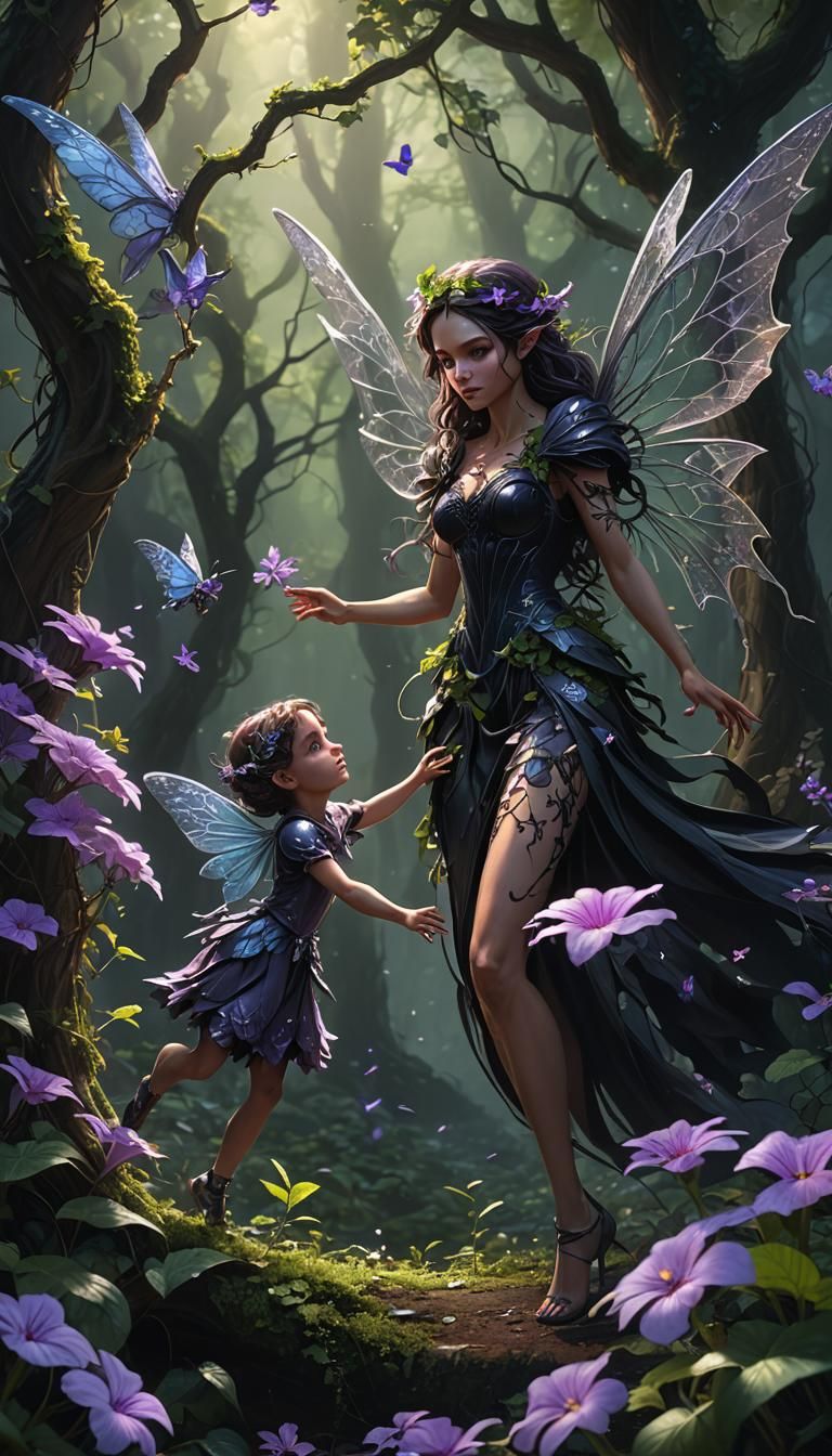 Dark Fairy Teaches Child to Fly: Fantasy Art