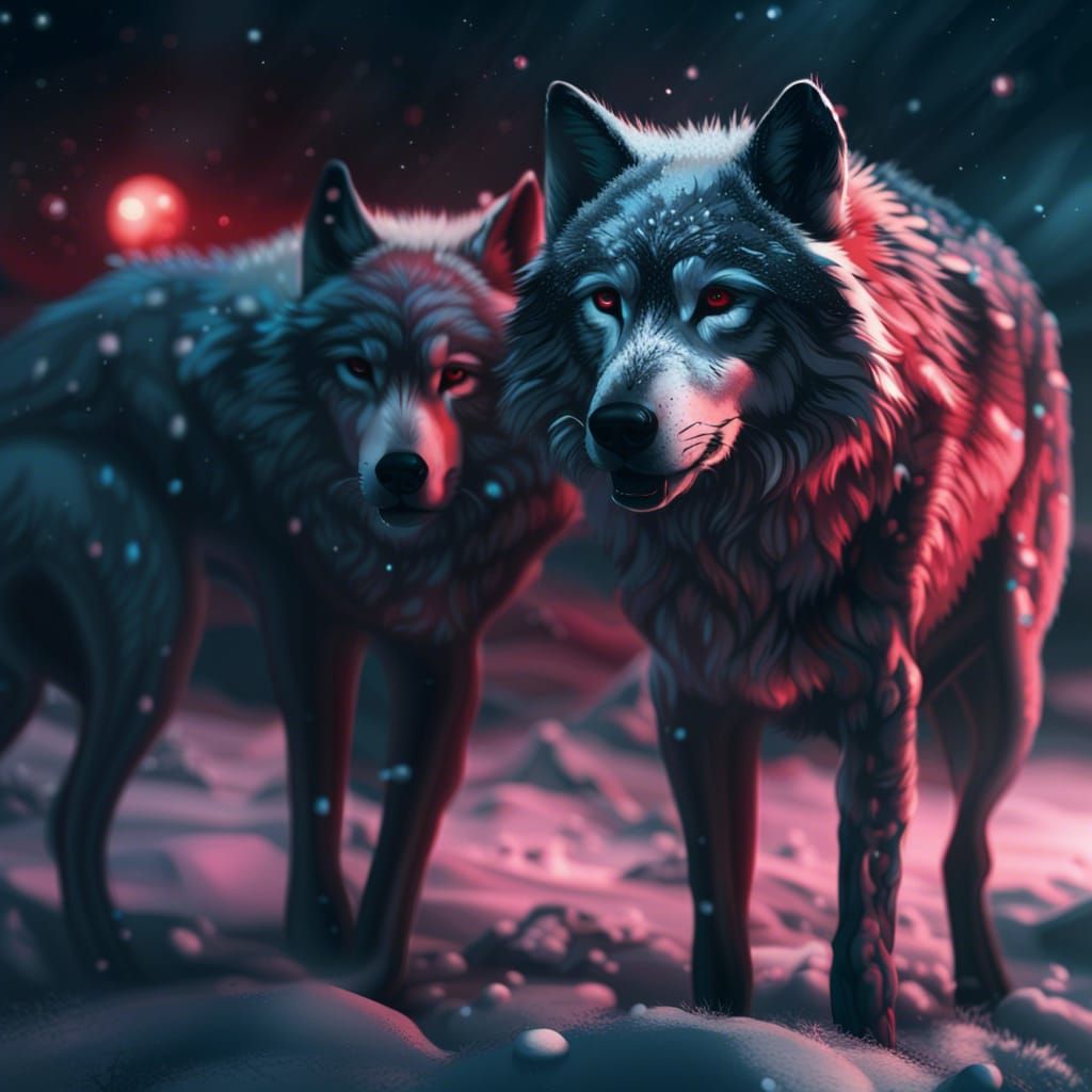 Wolf in Bloody Snow at Night: Digital Painting