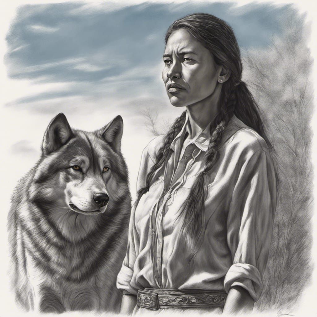 Native Cherokee woman standing next to a Timber Wolf on a grassy knoll. Dynamic lighting, Photorealistic, sunny blue sky...