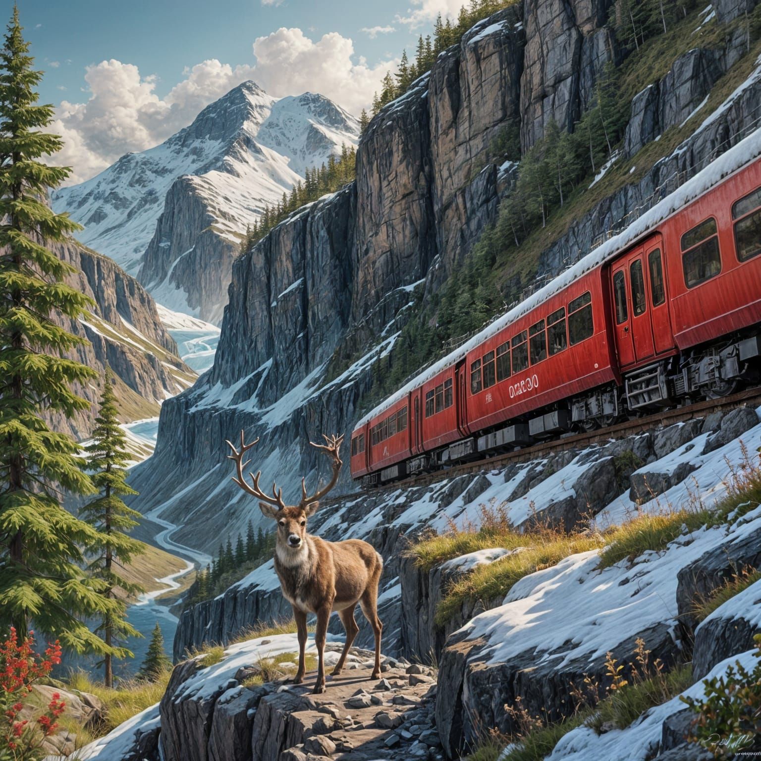 Svalbard Reindeer Watches Red Train Pass Through Rocky Lands...