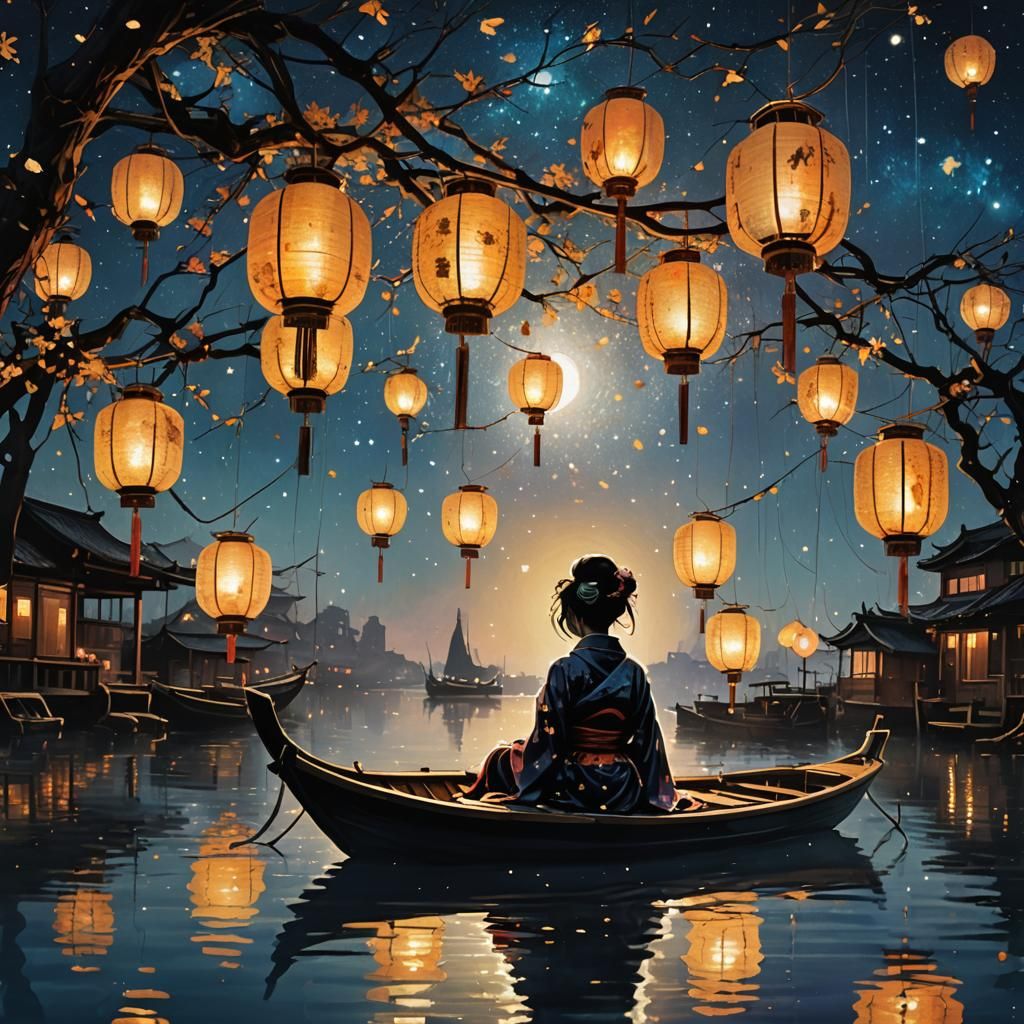 Geisha Silhouette at Lantern Festival: Surreal Digital Art