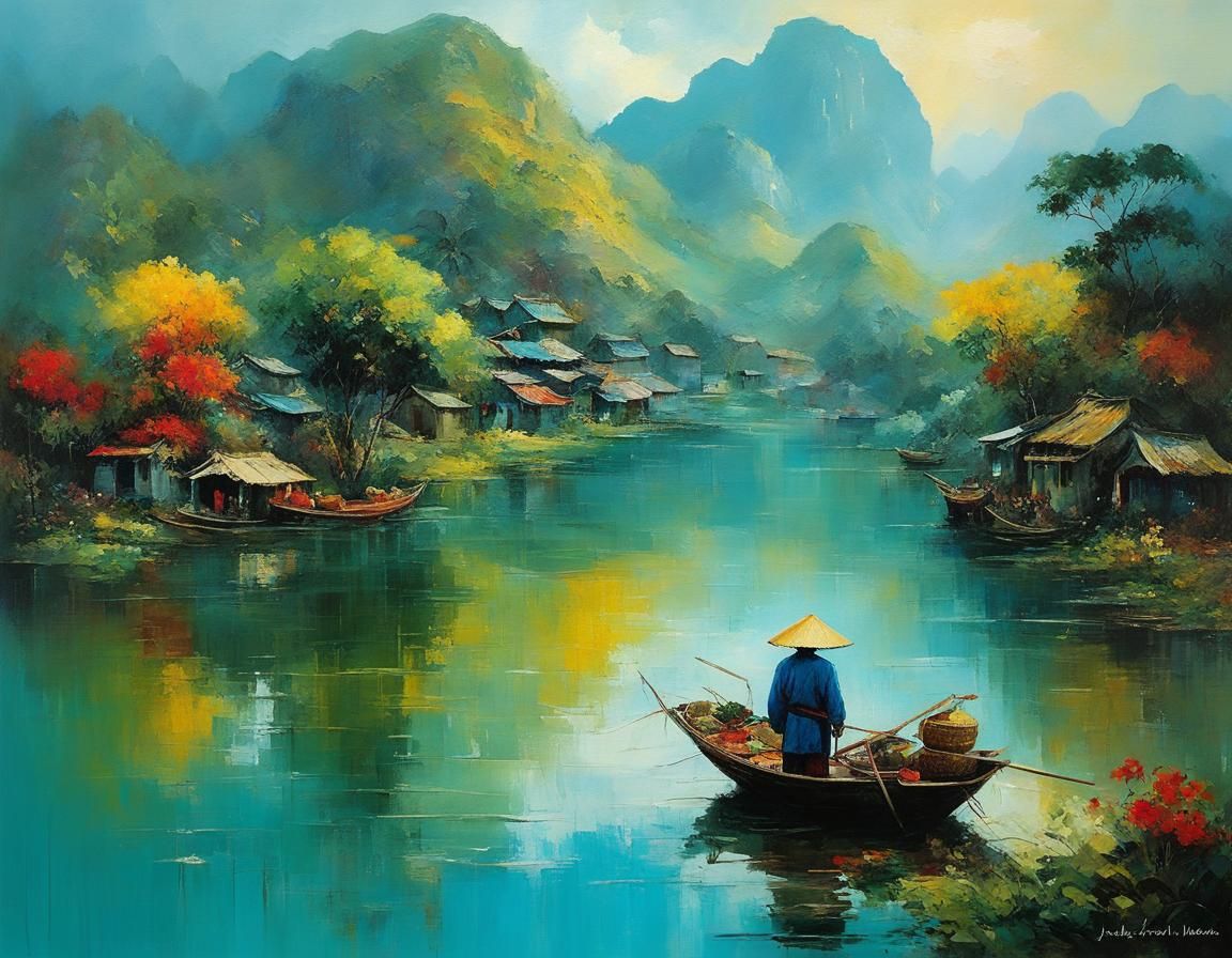Vietnamese Peasant: Fantasy Art Collage in Oil Paint