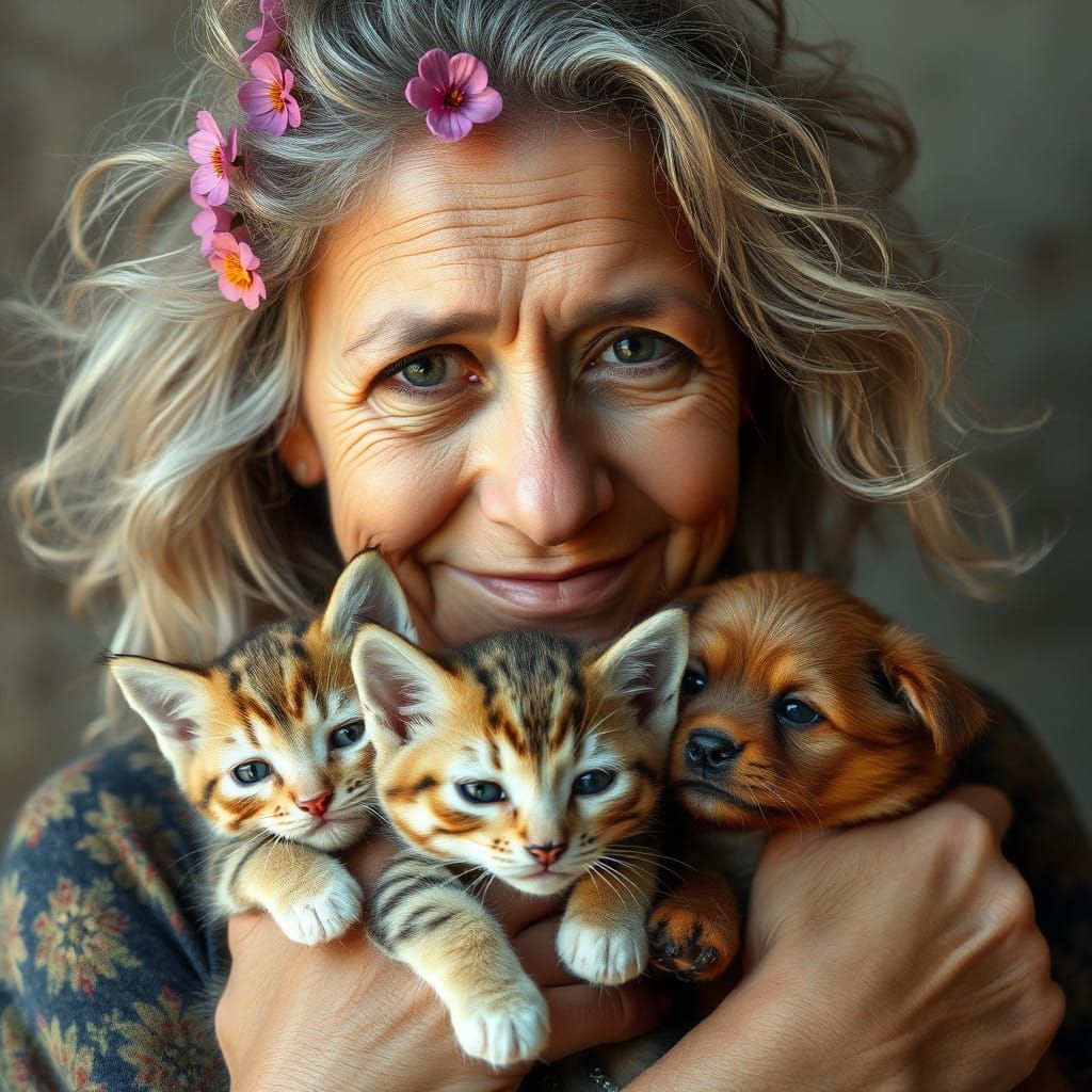 Warm Hippie Woman with Furry Companions and Flowers in Her H...