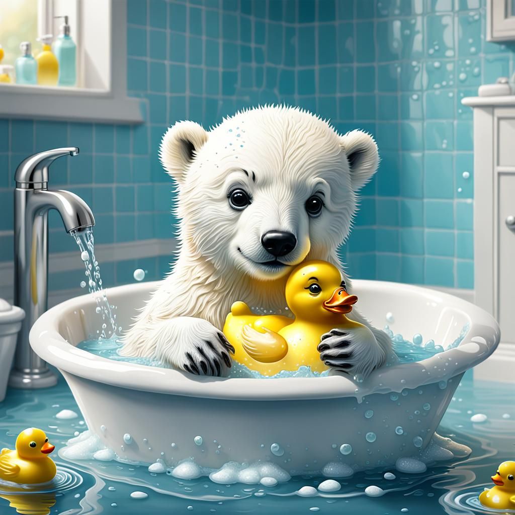 Cute Polar Bear Cub's Bath Time