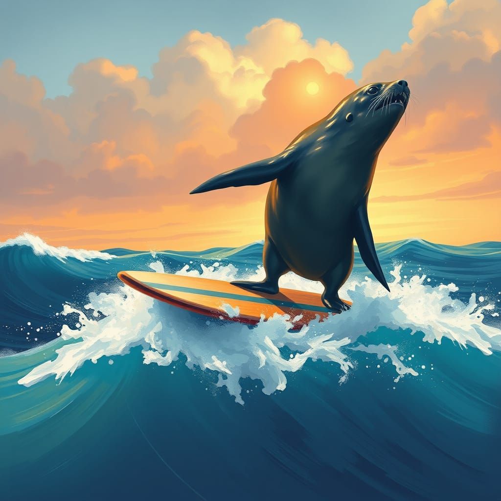Shark and Seal Surfing Lesson in Vibrant Style