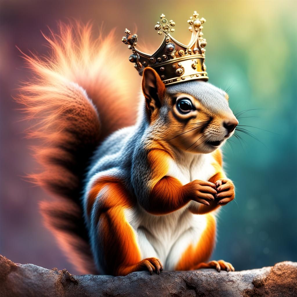 Squirrel in Crown: Hyperrealistic Splash Art