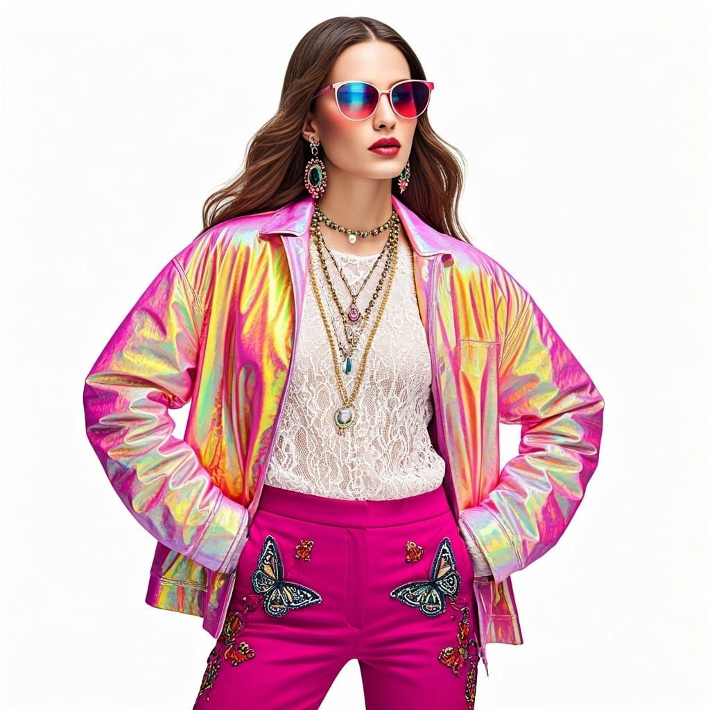 Glamorous Woman in Iridescent Jacket with Butterfly Embroide...