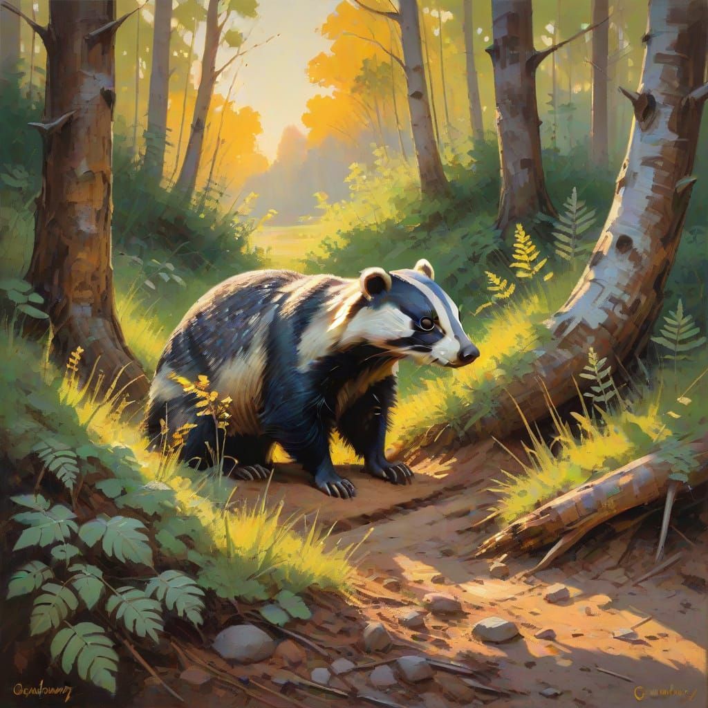 Badger at Burrow in Forest: Impressionist Oil Painting