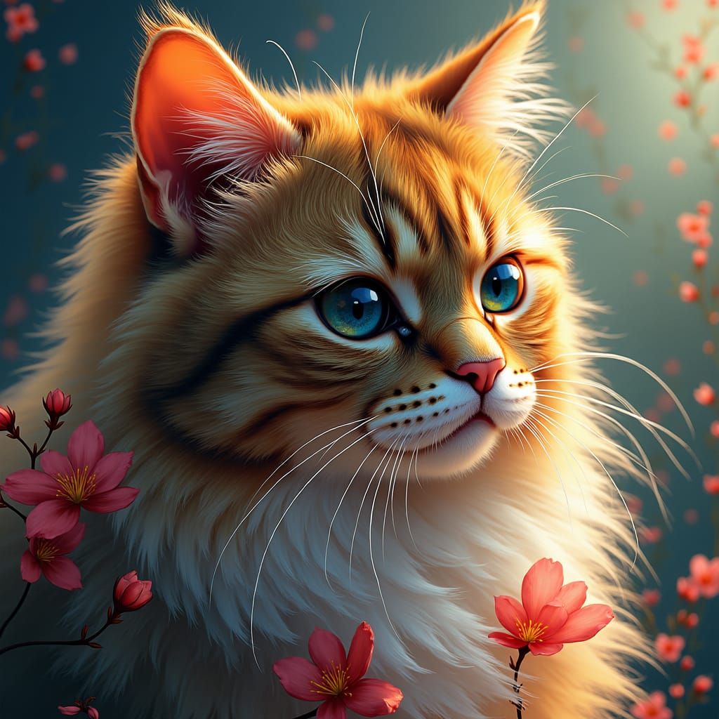 Colorful Long-Haired Cat Portrait with Flowers
