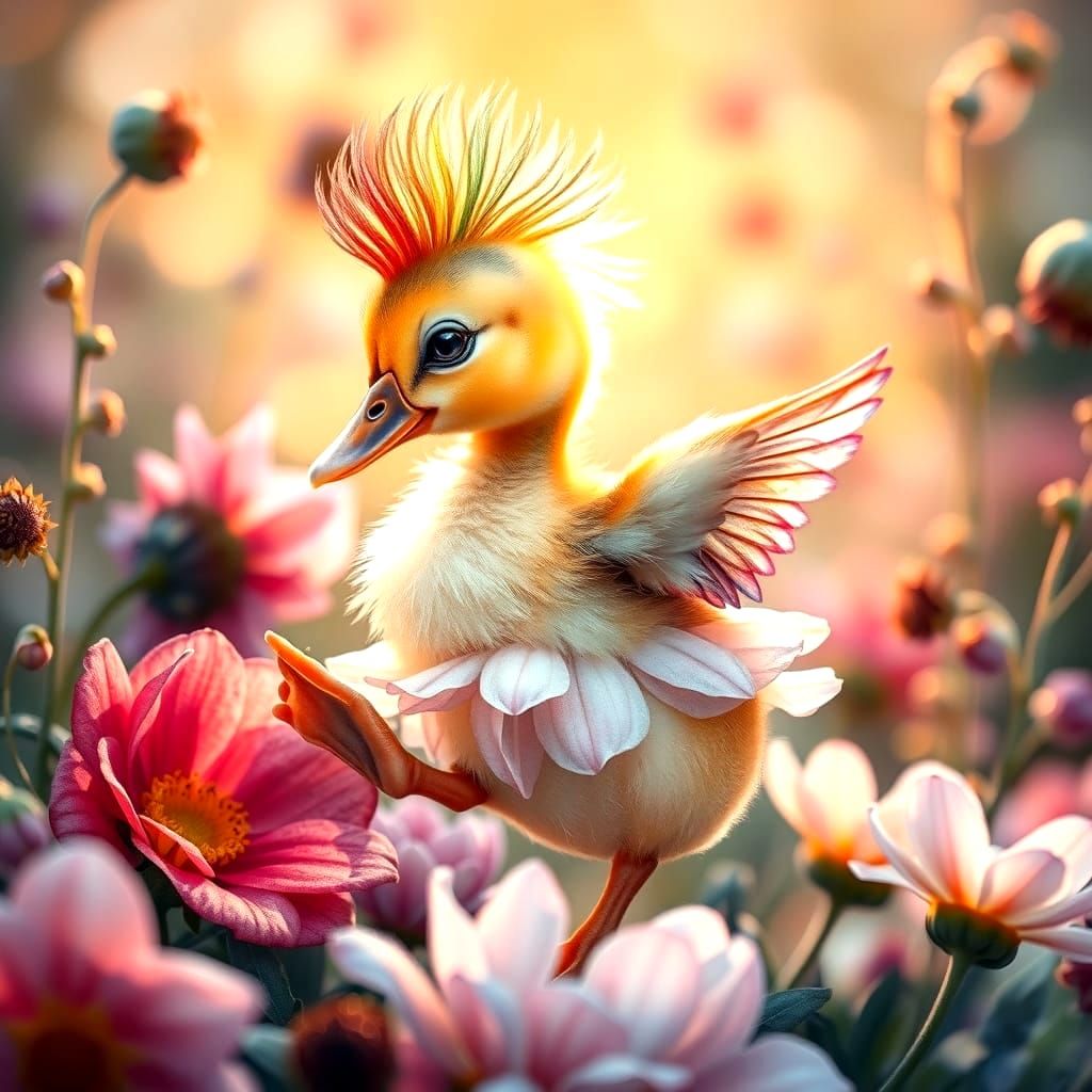 Adorable Duckling Dancing in a Rainbow Flower