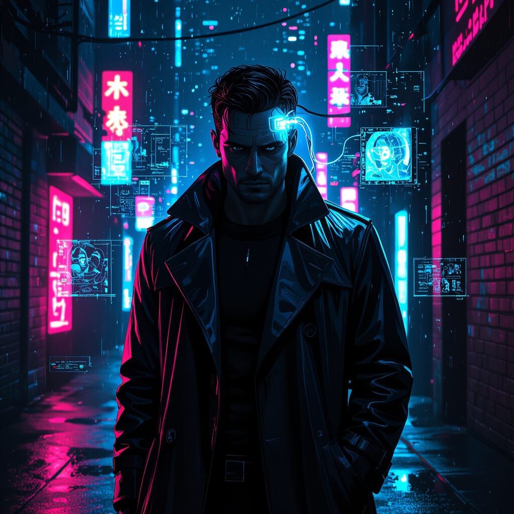 Cyberpunk Man in Alley with Neural Cable, Comic Book Style