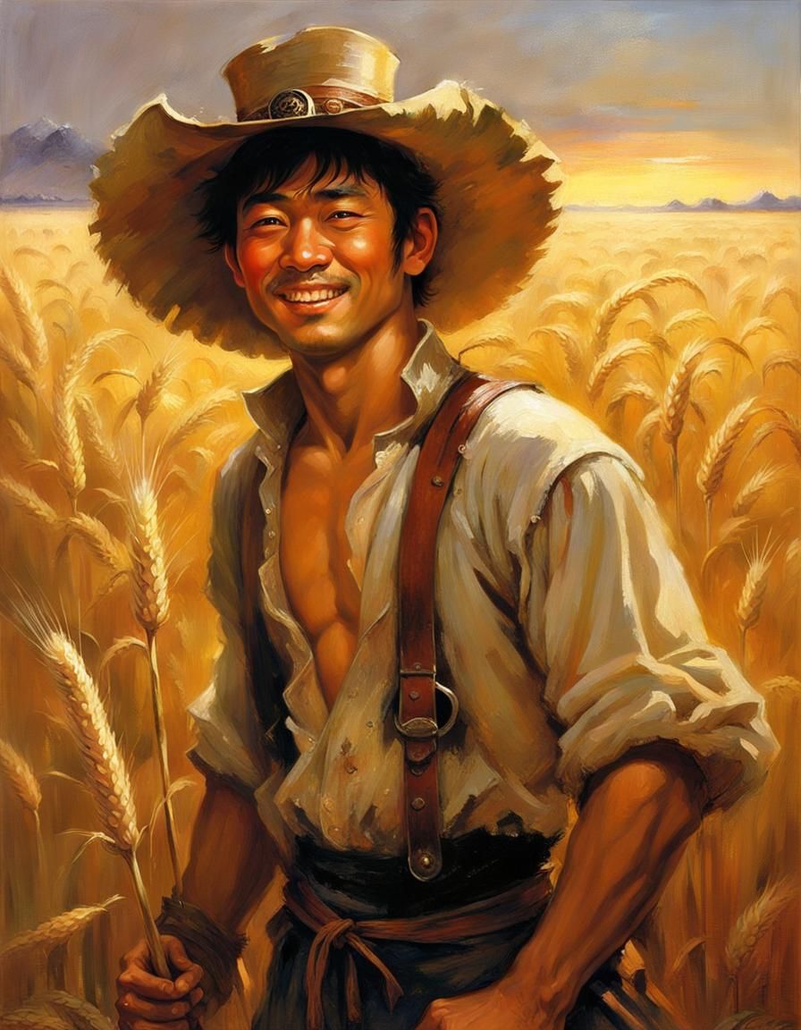 Steampunk Farmhand Portrait in Golden Wheat Field