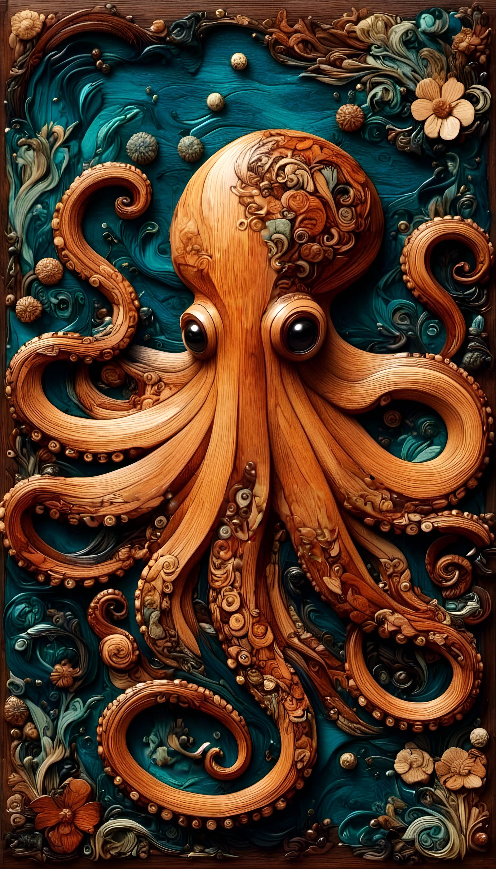 Colorful Wooden Octopus in Flowing Ocean