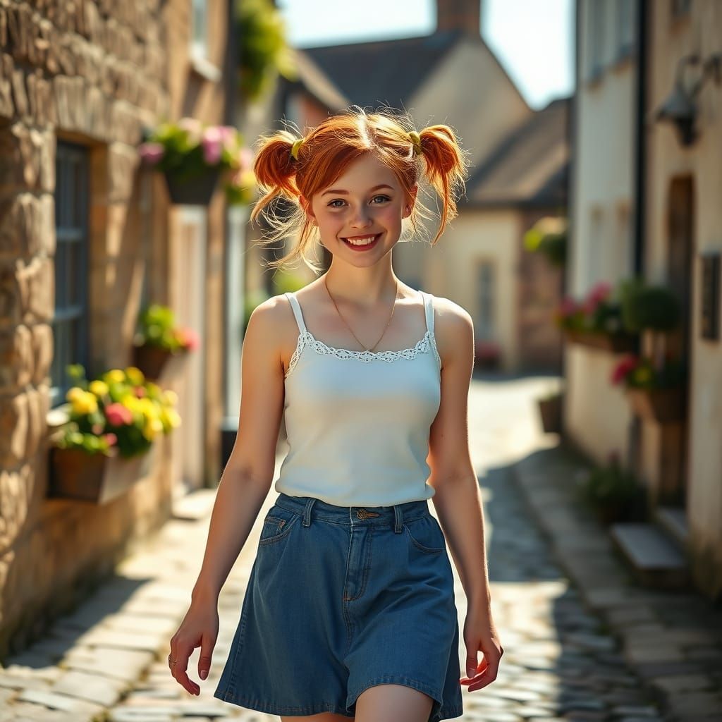 Red-Haired Woman in English Village, Professional Photograph...