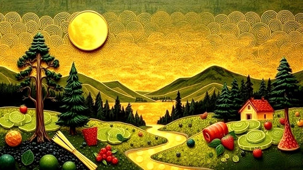 Golden Food Landscape in Impasto Paper Quilling Style