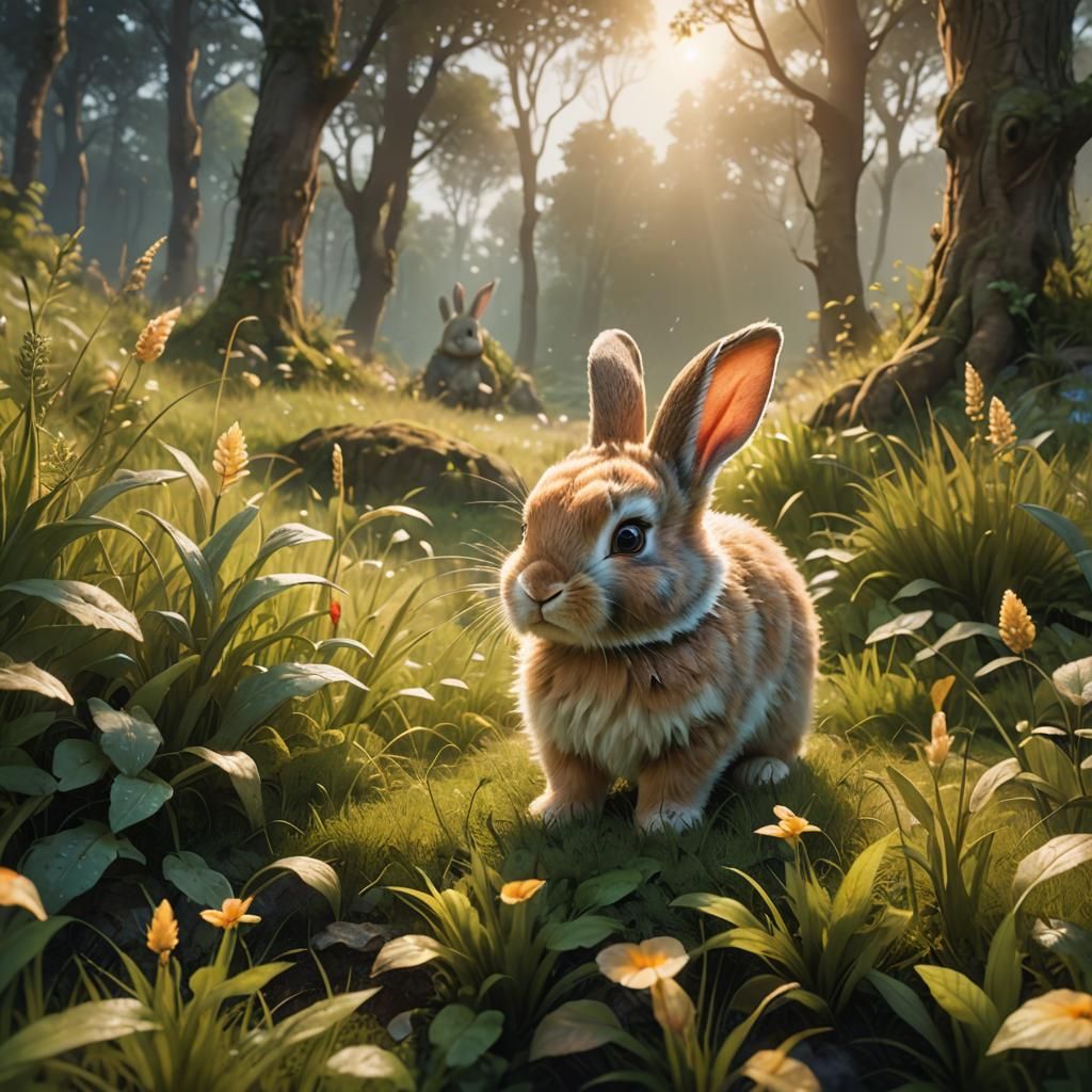 Adorable Bunny in Lush Meadow: Fantasy Oil Painting