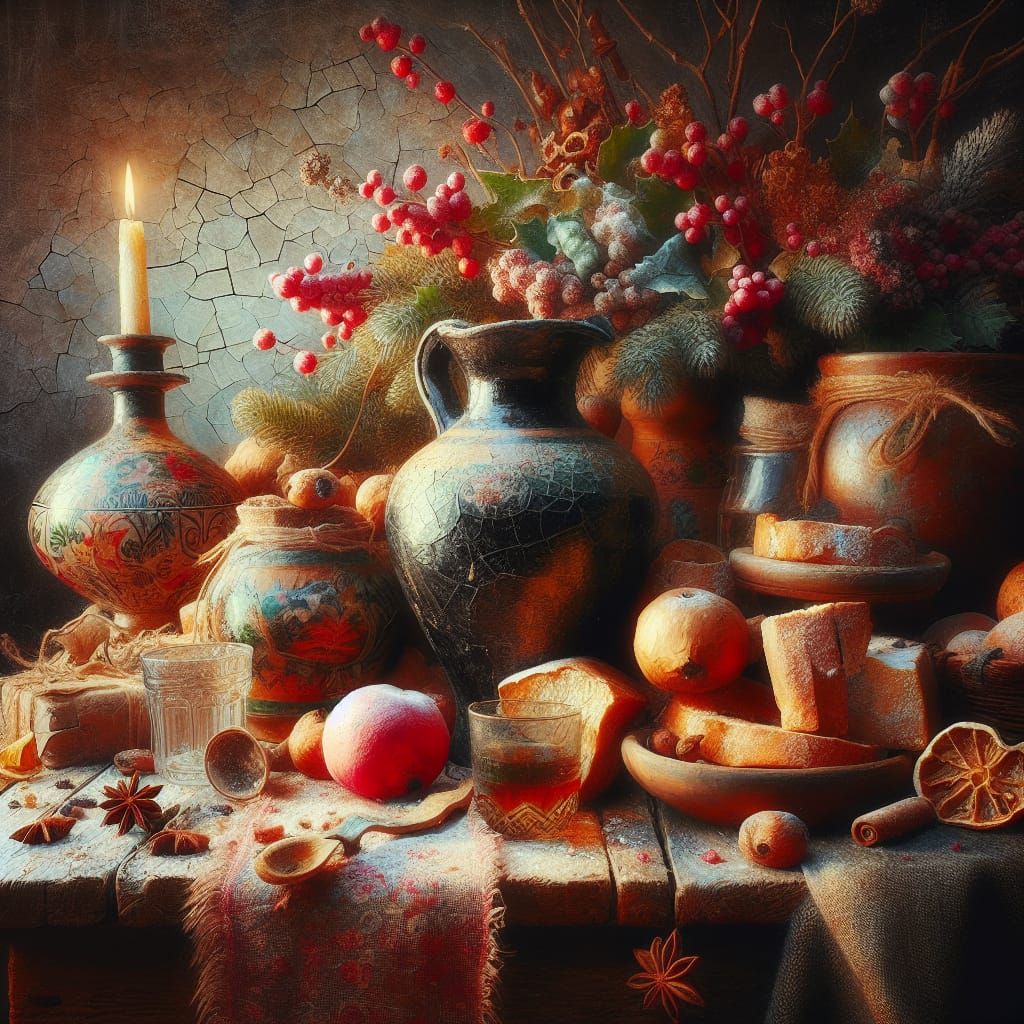 Balkan-Inspired Christmas Still Life Oil Painting