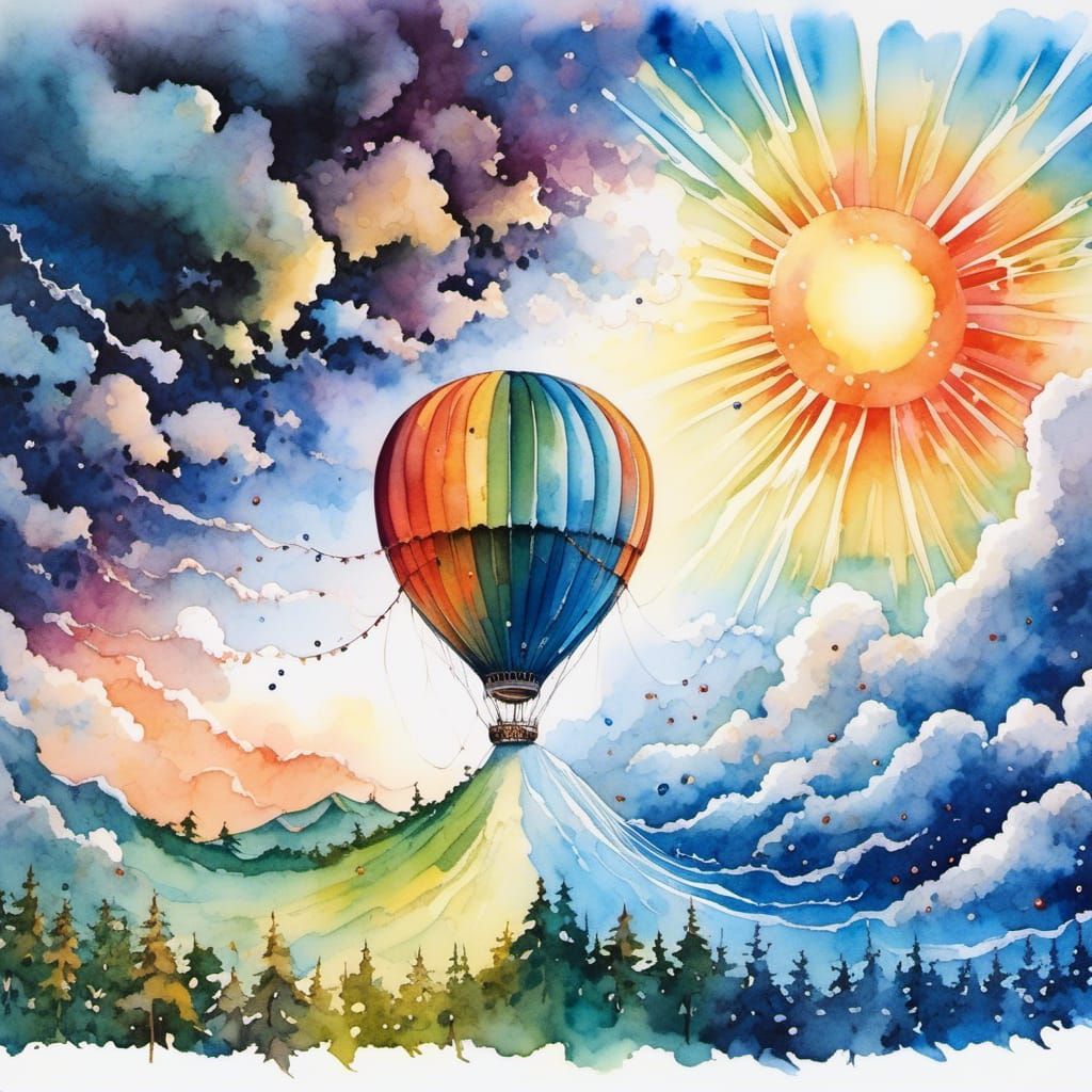 Watercolor Hot Air Balloon with Rainbow and Storm