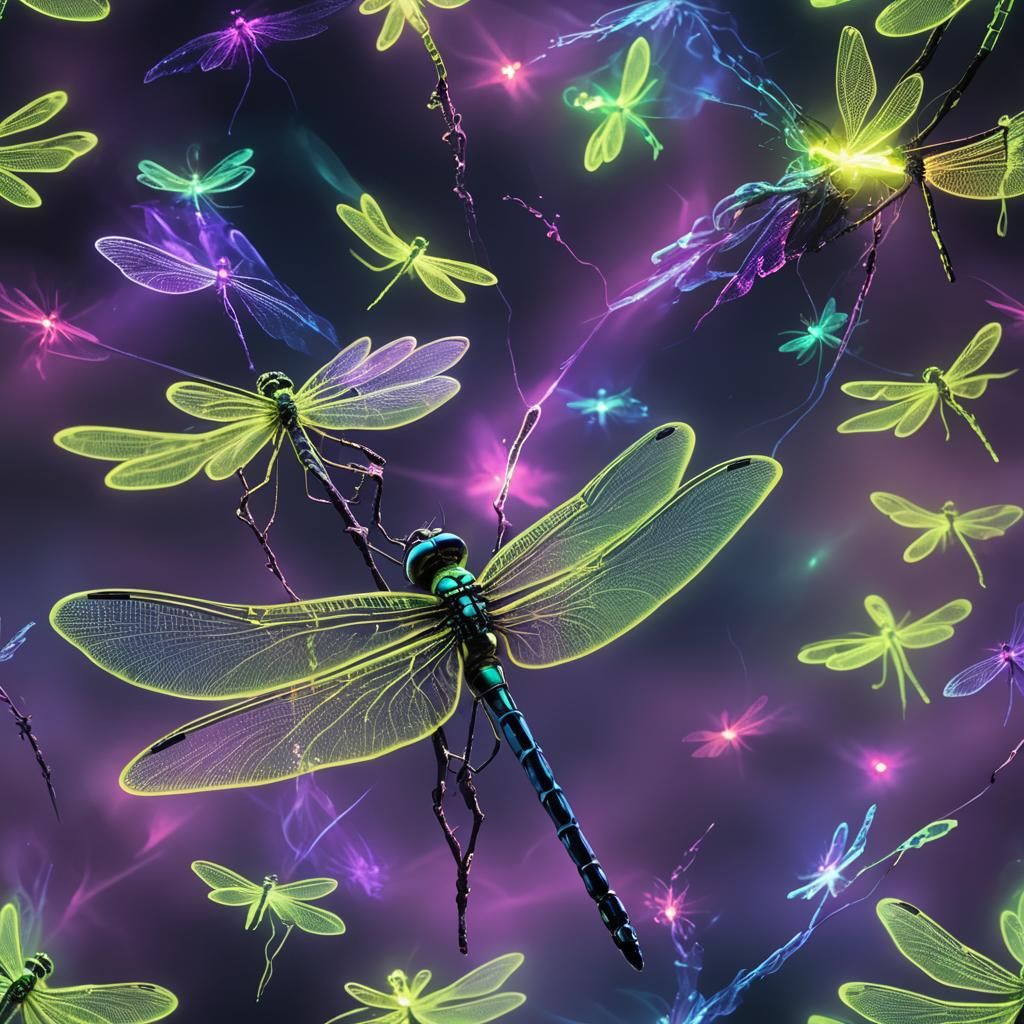Fluorescent Dragonfly in Ethereal Neon Fantasy Art