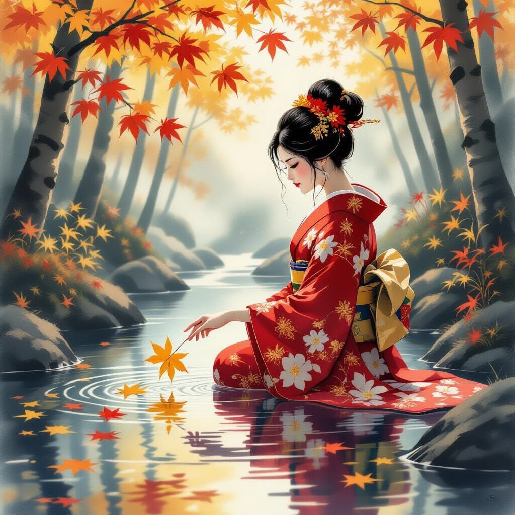 Woman in Autumn Kimono by Misty Stream