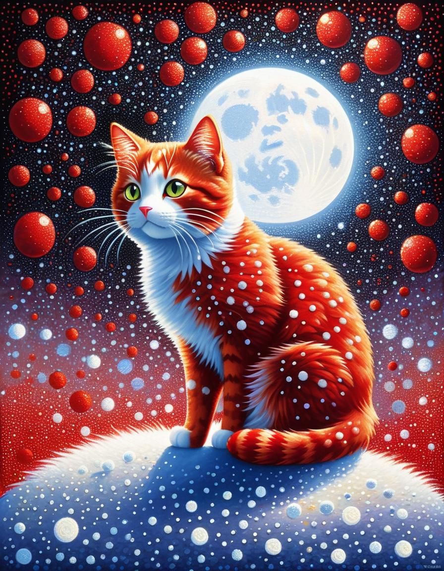 Pointillist Red Cat with Polka Dots, Fantasy Art