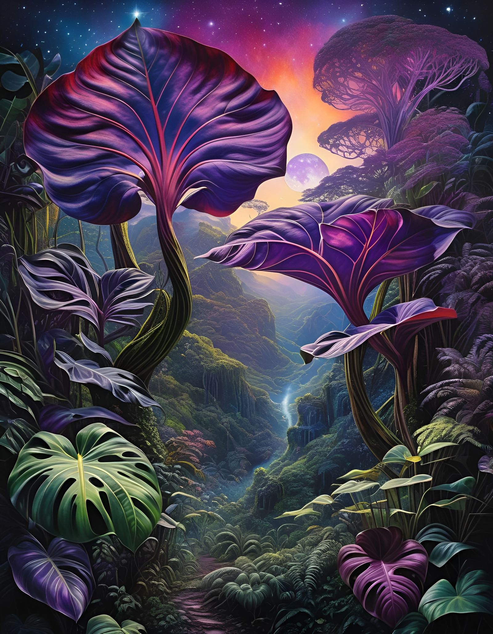 Surreal Purple Alien Philodendron in Storybook Landscape