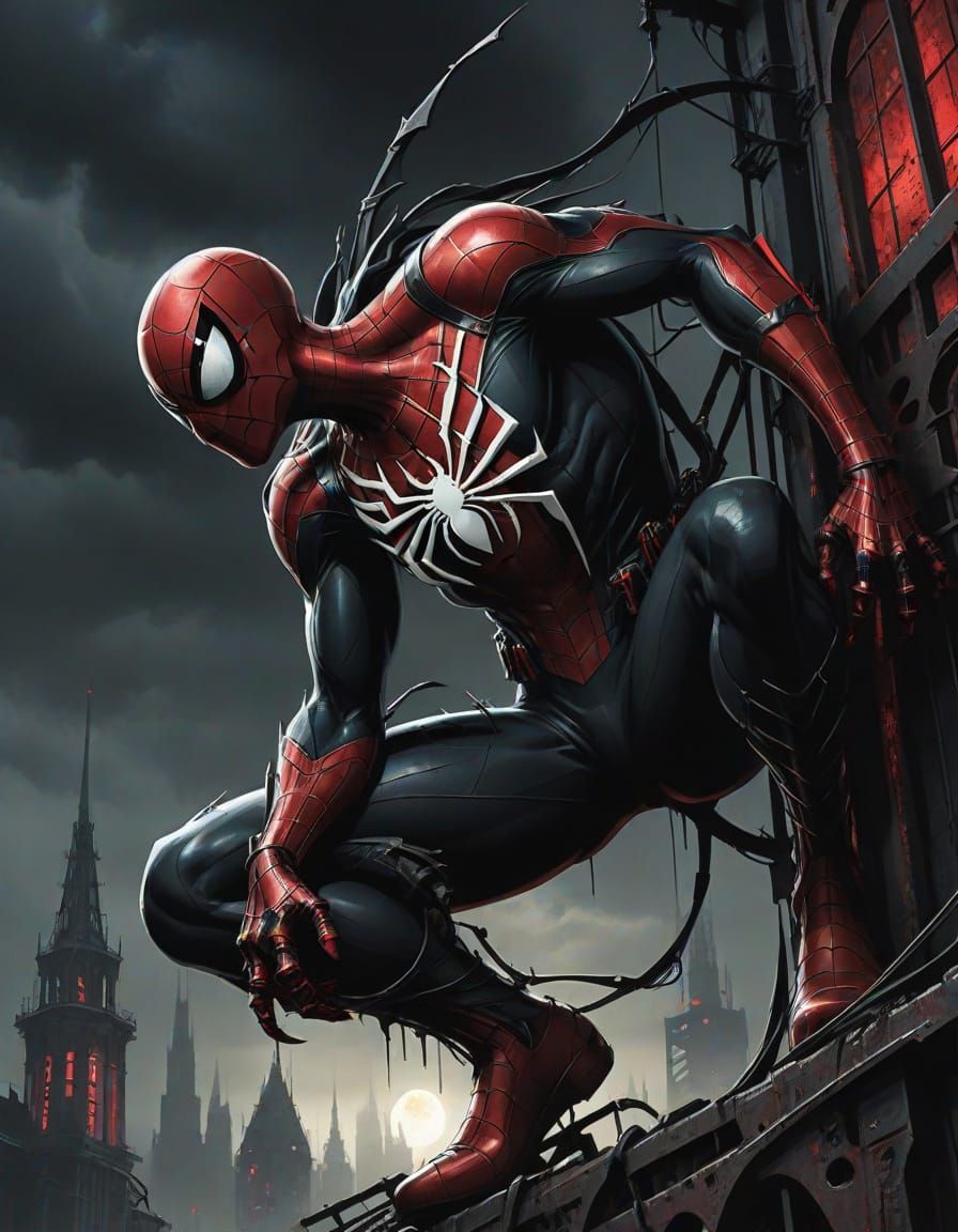 Dark Fantasy Spider-Man in Grim Gothic Cityscape