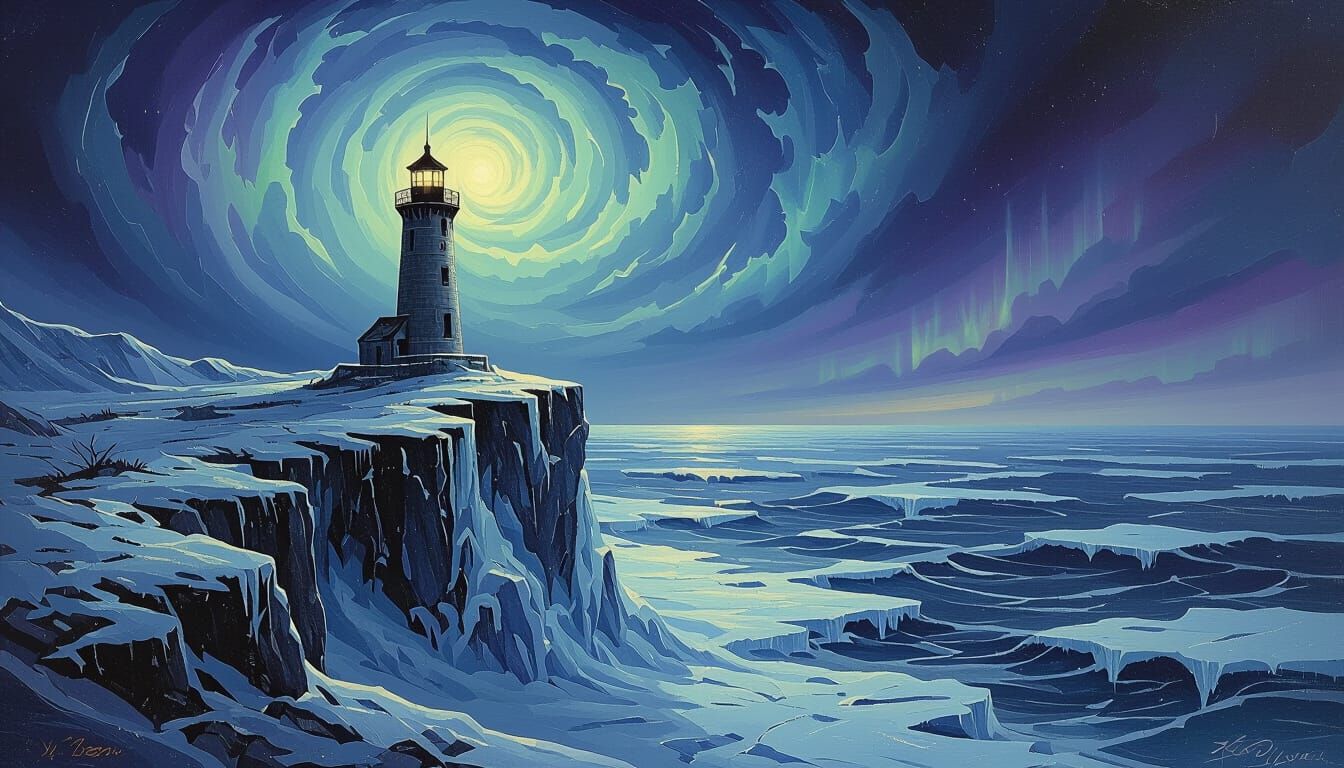 Ancient Lighthouse on Icy Cliff in Gothic Oil Painting Style