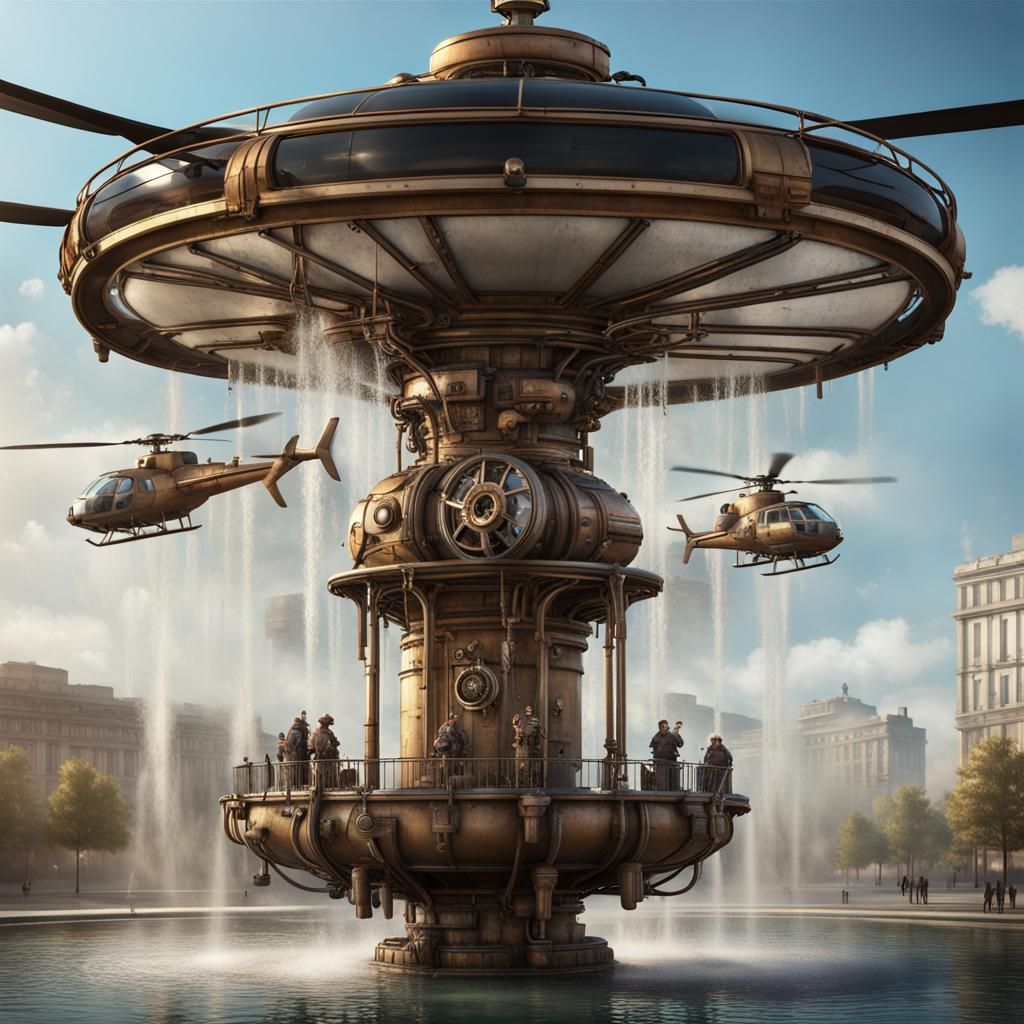 Steampunk Helicopter Water Fountain Concept Art