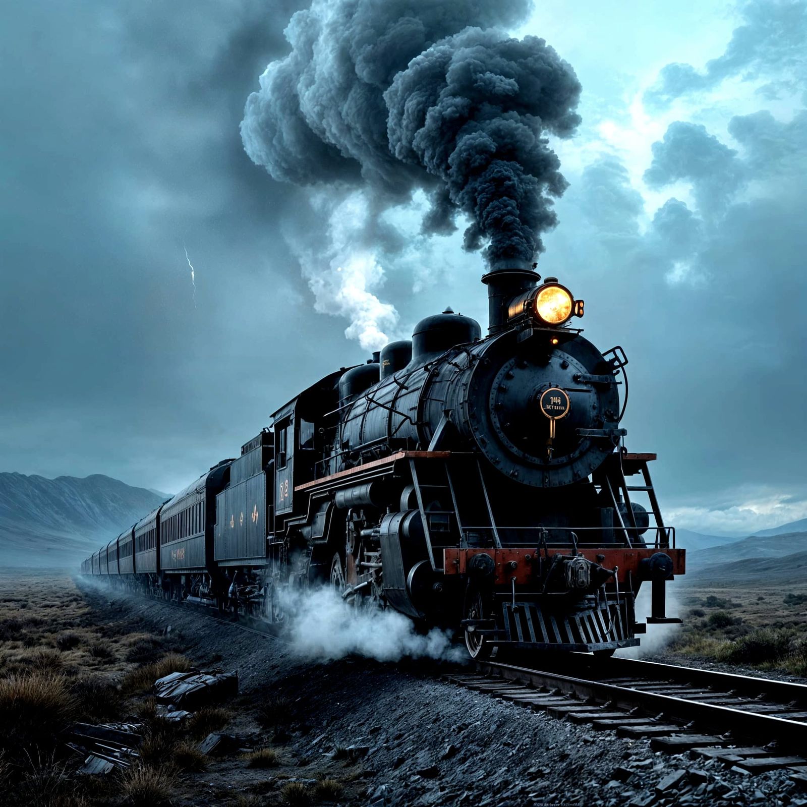 Majestic Steam Train in Stormy Concept Art Landscape
