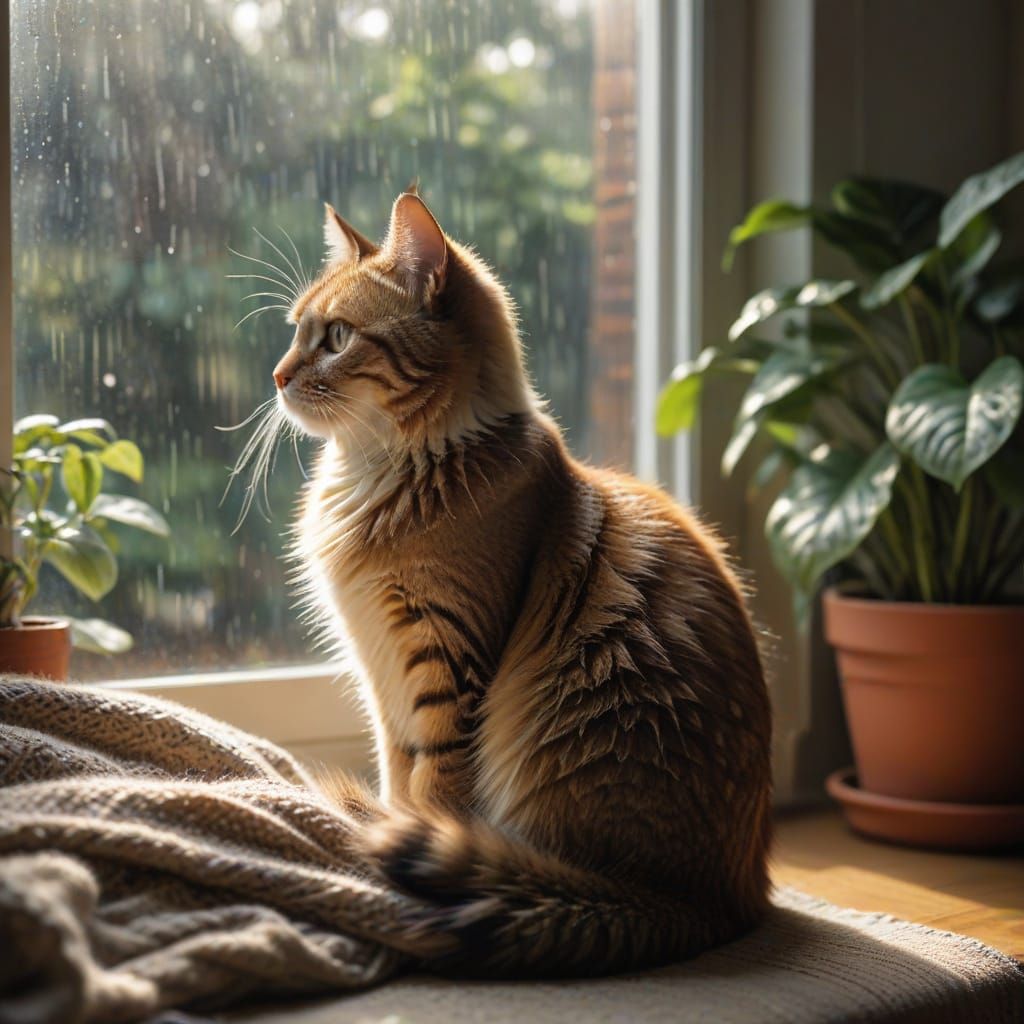 Tabby Cat Gazing out Window in Sunlight