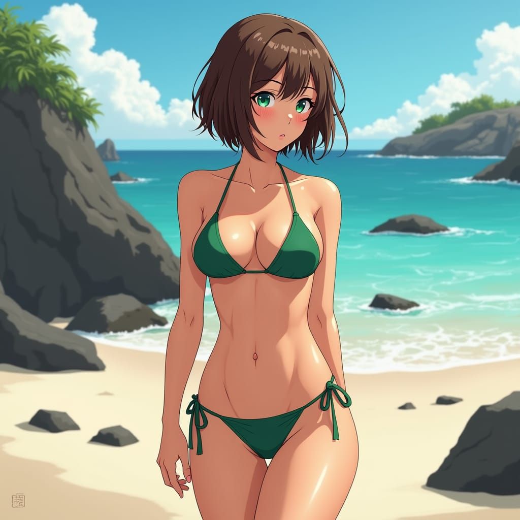 Anime Woman in Green Bikini on Rocky Beach