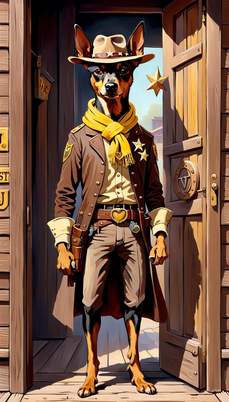 Cartoon Pinscher Dog Sheriff in Oil Painting