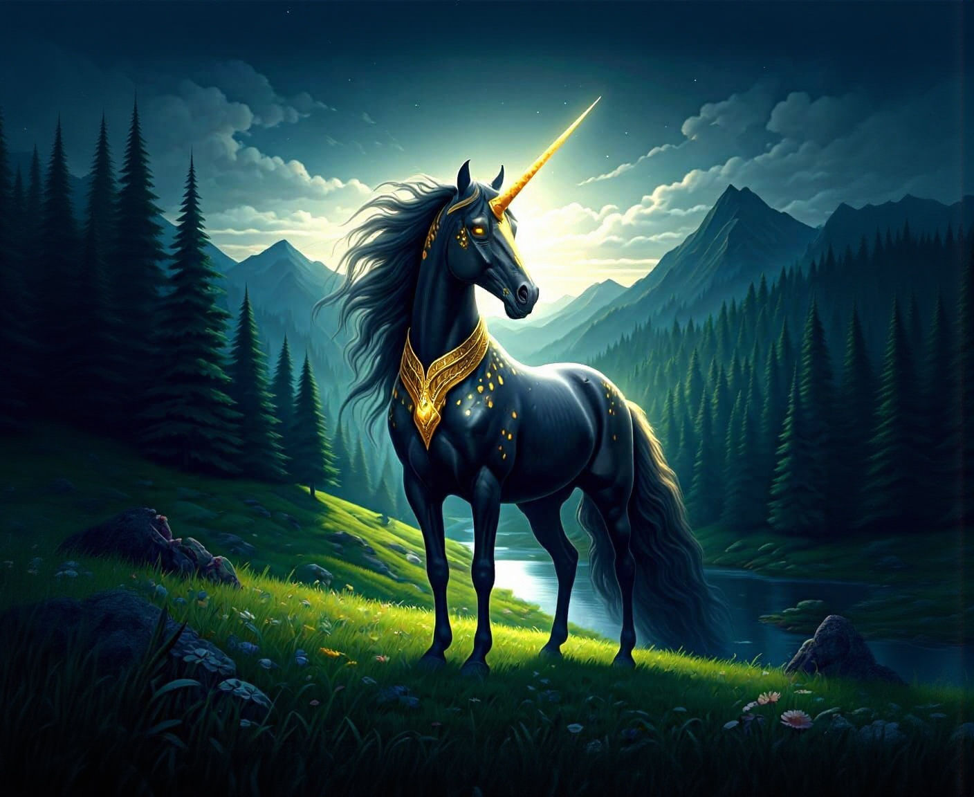Black and Gold Unicorn Under Moonlight