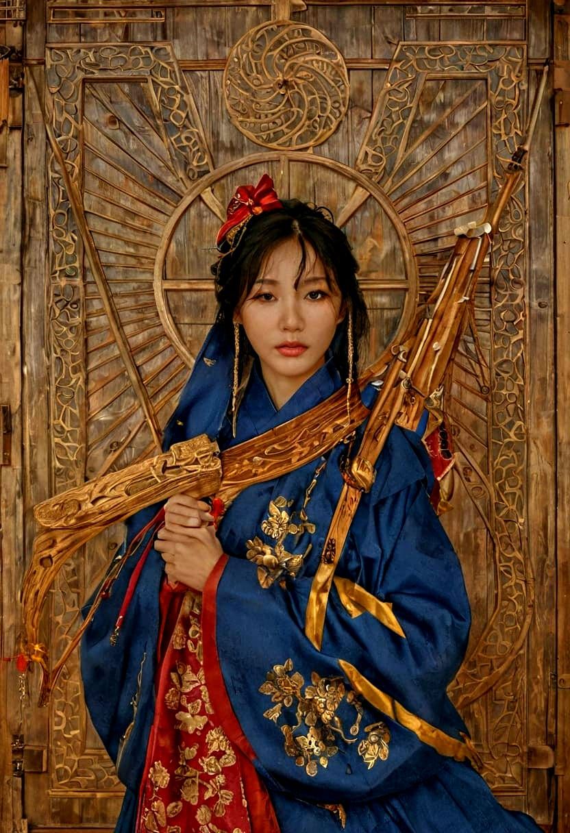 Korean Spirit Woman in Hanbok with Golden Door