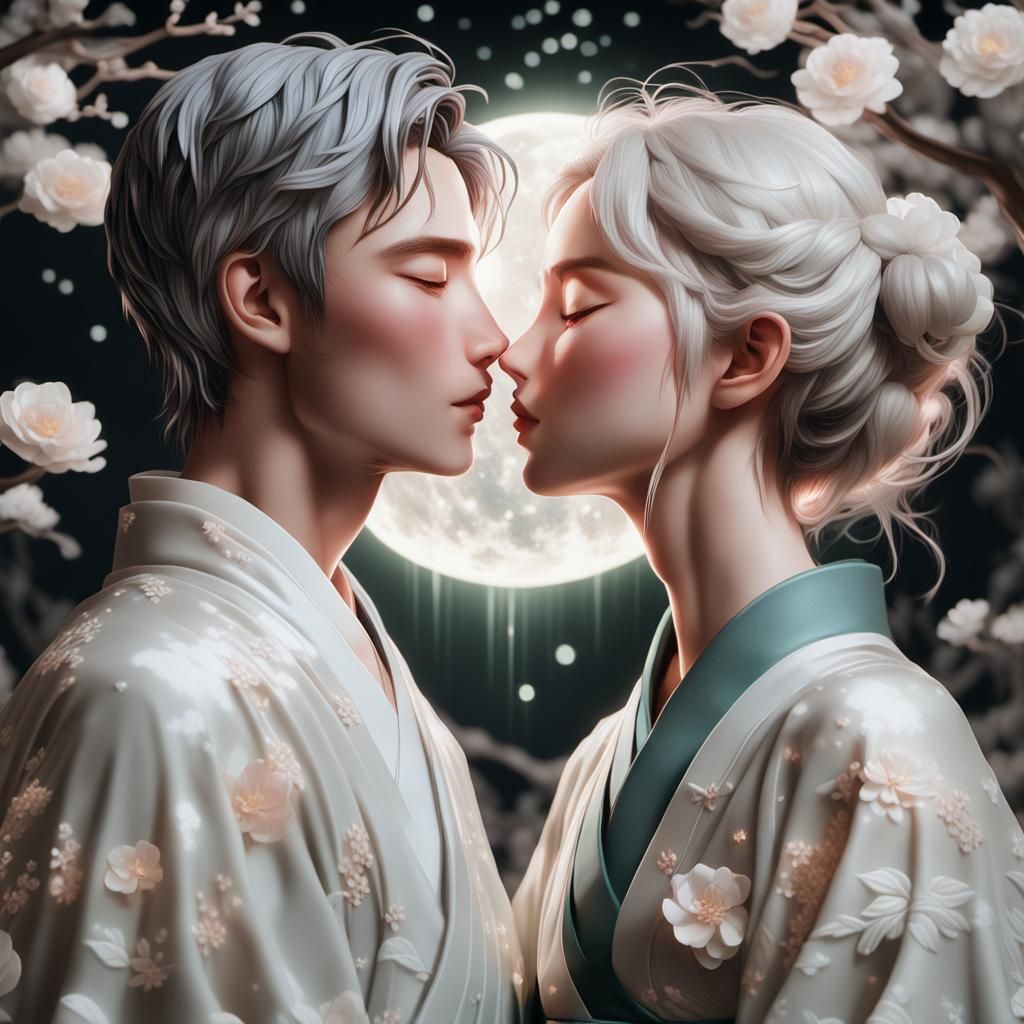 Anime Couple Kissing in Moonlit Garden