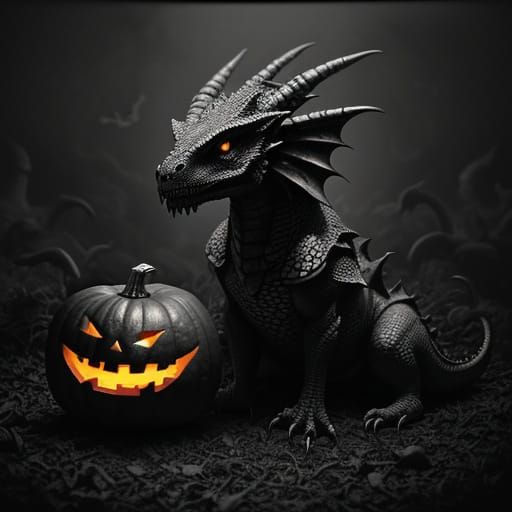 Halloween Dragon Emerges from Pumpkin Patch in Charcoal Draw...