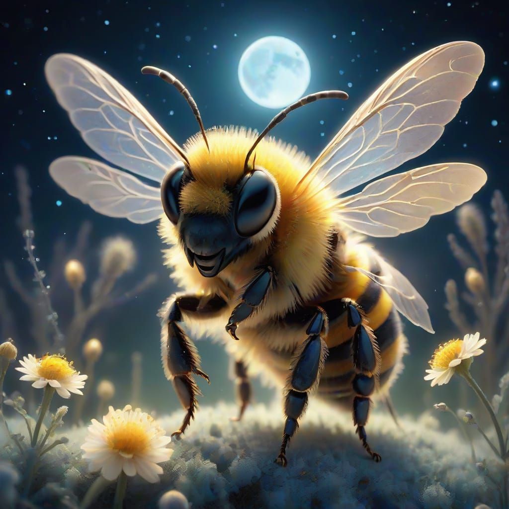 Whimsical Bee-Like Creature in Enchanted Night Sky