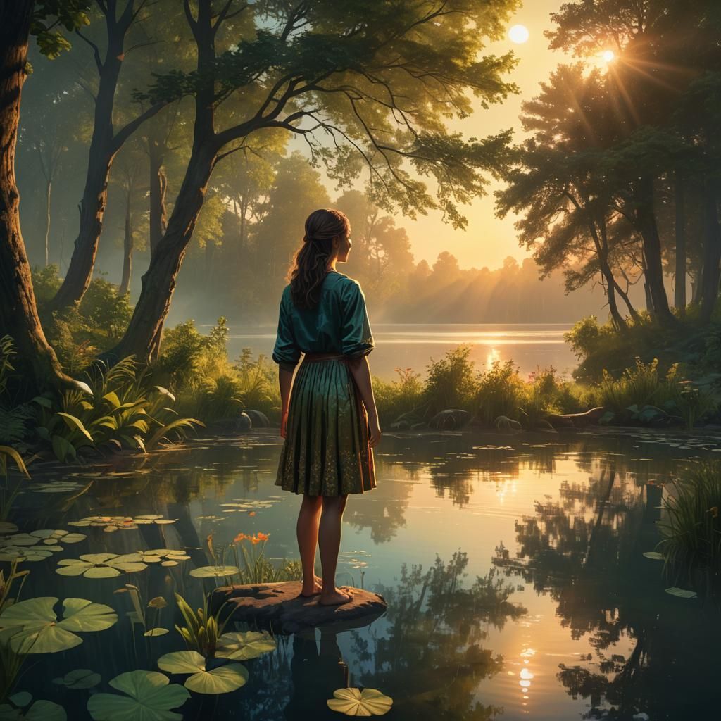 Woman at Lake in Summerscape Sunset Digital Art